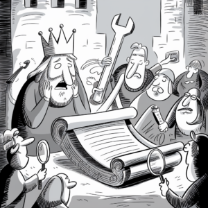 A black-and-white cartoon depicts a distressed king with a crown, clutching his face in worry. He is surrounded by several figures wearing medieval attire. One figure holds a large wrench, while others examine a giant scroll on the ground with magnifying glasses. The setting appears to be in front of a castle with visible brick walls. The characters have exaggerated expressions, possibly indicating a scene of confusion or problem-solving.