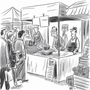 A black and white cartoon depicting two shopkeepers standing behind a market stall displaying various produce like vegetables. One shopkeeper appears sad or disappointed while the other has a neutral expression. In front of the stall, a group of people stand in line, seemingly interested in the produce. A sign on the stall reads "Produce" with an unrecognizable price list below it. Other market stalls and people are visible in the background.
