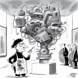 A black and white cartoon depicts an artist, wearing a beret and paint-splattered apron, standing with a paintbrush in front of a large abstract sculpture made of random objects and wires. The sculpture is mounted on a pedestal in an art gallery, where three onlookers stand to the right, observing the artwork. The gallery walls show other framed pieces of art. The onlookers have varied expressions, suggesting curiosity and contemplation.