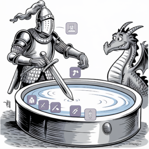 A medieval knight in full armor is dipping his sword into a large, shallow basin of water. Next to him, a dragon is curiously observing the action. Around the basin, there are various icons representing different tools, weapons, and items, suggesting a crafting or upgrade interface similar to those found in video games. The knight and dragon are drawn in a detailed, cartoonish style.
