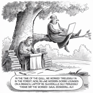 A black and white cartoon illustrates two scribes in a forest setting. The scribe on the left, dressed in traditional medieval attire, is seated at a table surrounded by stacks of books and scrolls as he writes on parchment. The scribe on the right, also in traditional garb, is sitting on a tree branch, using a laptop. The speech bubble below them contains text that's partially jumbled, reading, "In the time of the quill, we worked tirelessly in the forest. Now, the modern scribe lounges on a branch, laptop so Silwer Uille Sily Perlessly theme er! The worked. Gaiil Eeskeerll Aly." The illustration is signed "Dixon 11/19" in the bottom right corner.