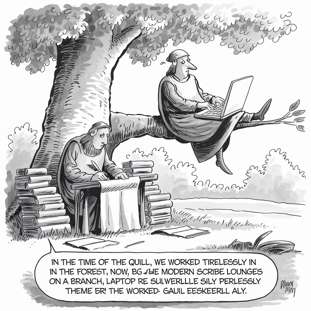 A black and white cartoon illustrates two scribes in a forest setting. The scribe on the left, dressed in traditional medieval attire, is seated at a table surrounded by stacks of books and scrolls as he writes on parchment. The scribe on the right, also in traditional garb, is sitting on a tree branch, using a laptop. The speech bubble below them contains text that's partially jumbled, reading, "In the time of the quill, we worked tirelessly in the forest. Now, the modern scribe lounges on a branch, laptop so Silwer Uille Sily Perlessly theme er! The worked. Gaiil Eeskeerll Aly." The illustration is signed "Dixon 11/19" in the bottom right corner.