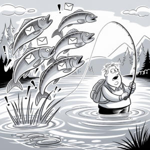 A cartoon illustration depicts a surprised fisherman standing in a river, holding a fishing rod. Four large fish are leaping out of the water towards him, each fish carrying an envelope in its mouth. The background features a scenic landscape with trees, mountains, and a cloudy sky. Exclamation marks are scattered around the leaping fish, adding to the comedic and exaggerated nature of the scene.