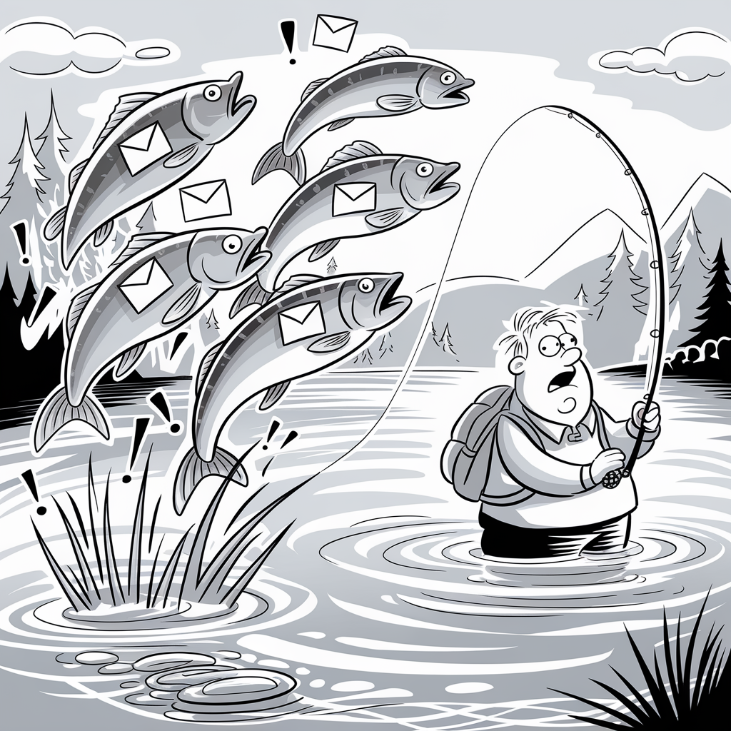 A cartoon illustration depicts a surprised fisherman standing in a river, holding a fishing rod. Four large fish are leaping out of the water towards him, each fish carrying an envelope in its mouth. The background features a scenic landscape with trees, mountains, and a cloudy sky. Exclamation marks are scattered around the leaping fish, adding to the comedic and exaggerated nature of the scene.