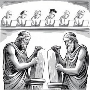 A black and white illustration depicting two scenes. In the top half, modern people are seated side by side, each working on laptops. In the bottom half, two ancient Greek sculptors in traditional robes are chiseling inscriptions into stone tablets. The juxtaposition highlights contrasting methods of recording information, from ancient stone carving to contemporary digital work on laptops.