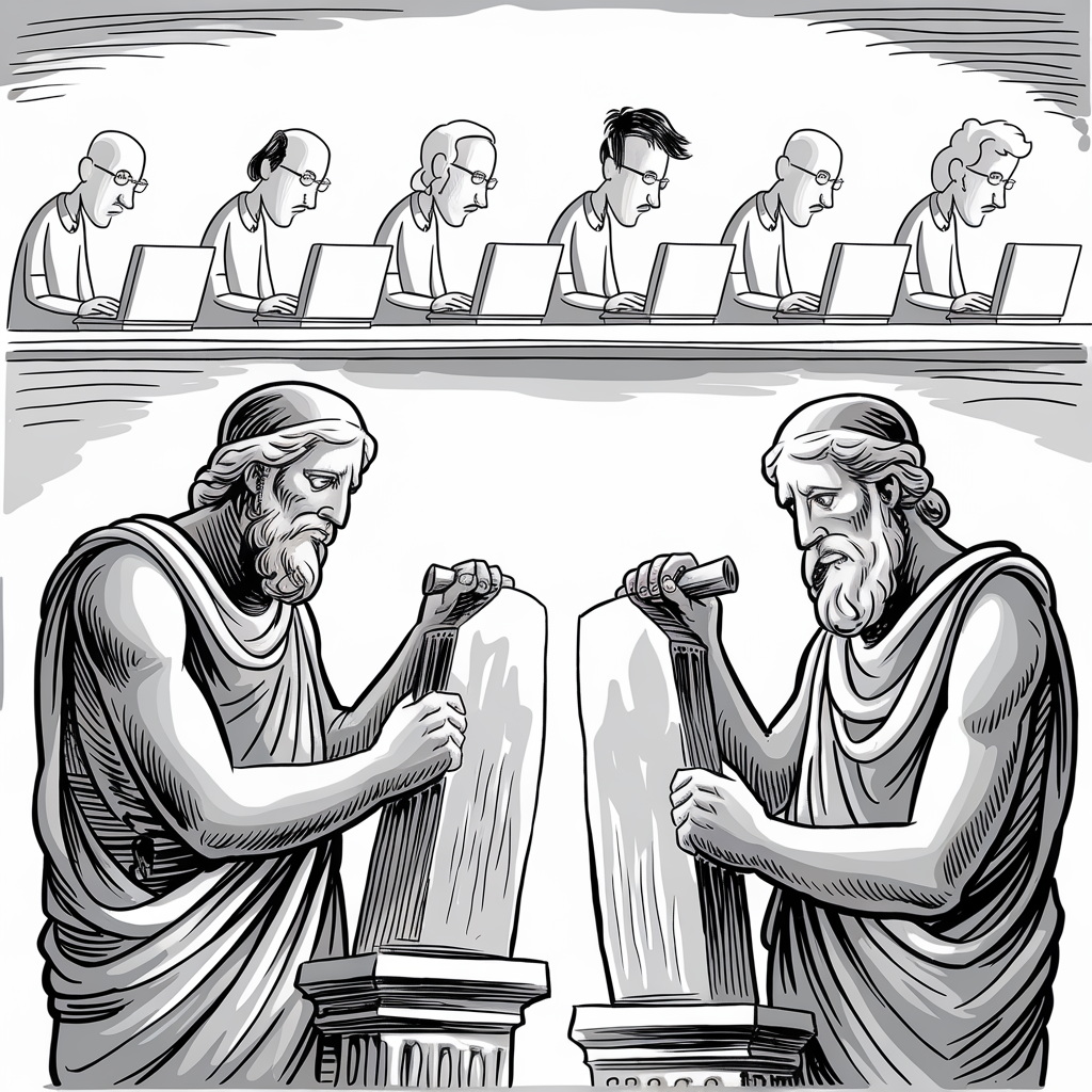 A black and white illustration depicting two scenes. In the top half, modern people are seated side by side, each working on laptops. In the bottom half, two ancient Greek sculptors in traditional robes are chiseling inscriptions into stone tablets. The juxtaposition highlights contrasting methods of recording information, from ancient stone carving to contemporary digital work on laptops.