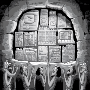 A black-and-white cartoon depicts a group of astonished cavemen, dressed in animal skins with wide-eyed expressions, standing in front of a cave wall. The wall is carved with detailed hieroglyphics resembling modern-day digital video platform interface icons, including play buttons, menus, and video thumbnails. The scene humorously combines ancient and contemporary elements, illustrating the cavemen's reverence and bewilderment toward the futuristic carvings.