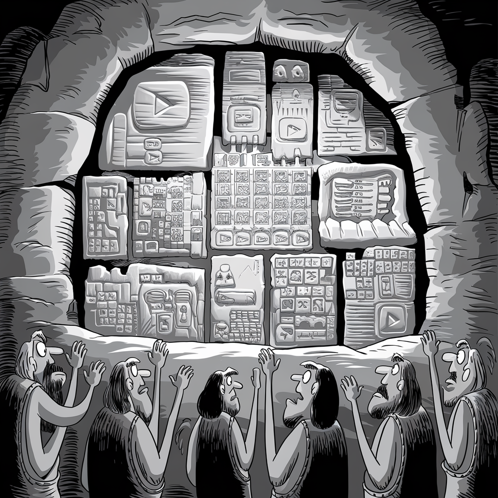 A black-and-white cartoon depicts a group of astonished cavemen, dressed in animal skins with wide-eyed expressions, standing in front of a cave wall. The wall is carved with detailed hieroglyphics resembling modern-day digital video platform interface icons, including play buttons, menus, and video thumbnails. The scene humorously combines ancient and contemporary elements, illustrating the cavemen's reverence and bewilderment toward the futuristic carvings.