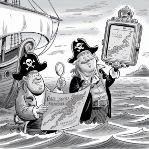 An illustration of two pirates standing in the sea next to a ship with sails. Both pirates are wearing traditional pirate outfits, including hats with skull and crossbones. The pirate on the right is holding up an ornate, framed map and examining it closely, while the pirate on the left is holding a magnifying glass and another map with indistinct writing. The background features waves and a distant island. The scene has a humorous, cartoonish style.