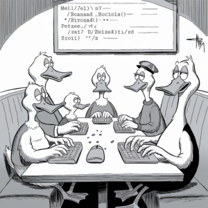 A black and white illustration features five anthropomorphic ducks wearing various pieces of clothing, sitting around a table in a booth. Each duck is working on a computer keyboard. Above them, a large screen displays lines of nonsensical text. The ducks appear to be engaged in a serious activity. The setting resembles a modern office or a study group environment.