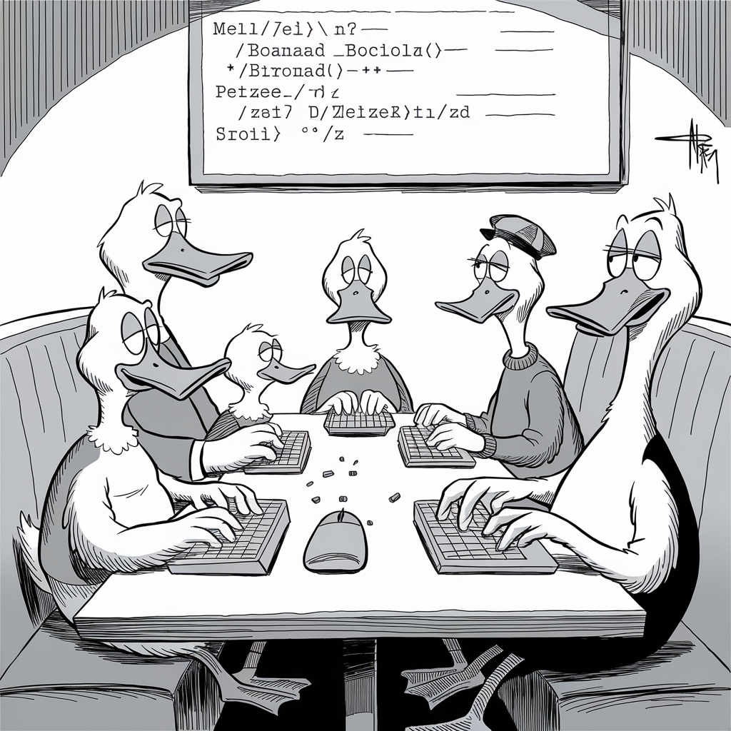 A black and white illustration features five anthropomorphic ducks wearing various pieces of clothing, sitting around a table in a booth. Each duck is working on a computer keyboard. Above them, a large screen displays lines of nonsensical text. The ducks appear to be engaged in a serious activity. The setting resembles a modern office or a study group environment.