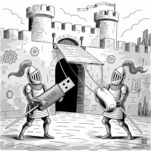 A black-and-white cartoon image depicts two knights in medieval armor standing in front of a castle with a raised drawbridge. One knight is holding a large USB stick while the other is holding a giant computer mouse. The background includes castle walls with some gear-like decorations and an open gate. The style is reminiscent of traditional illustration, blending modern technology with medieval themes.