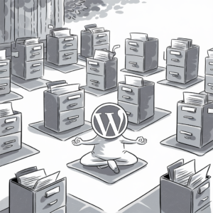 A cartoon illustration shows a calm person sitting cross-legged in a meditative pose on a mat, with a WordPress logo for a head. Surrounding the person are numerous filing cabinets, each filled with papers, also resting on mats. The scene appears to depict the organization and management of data or content, with a focus on tranquility and order. The overall style is monochrome with black and white shading.