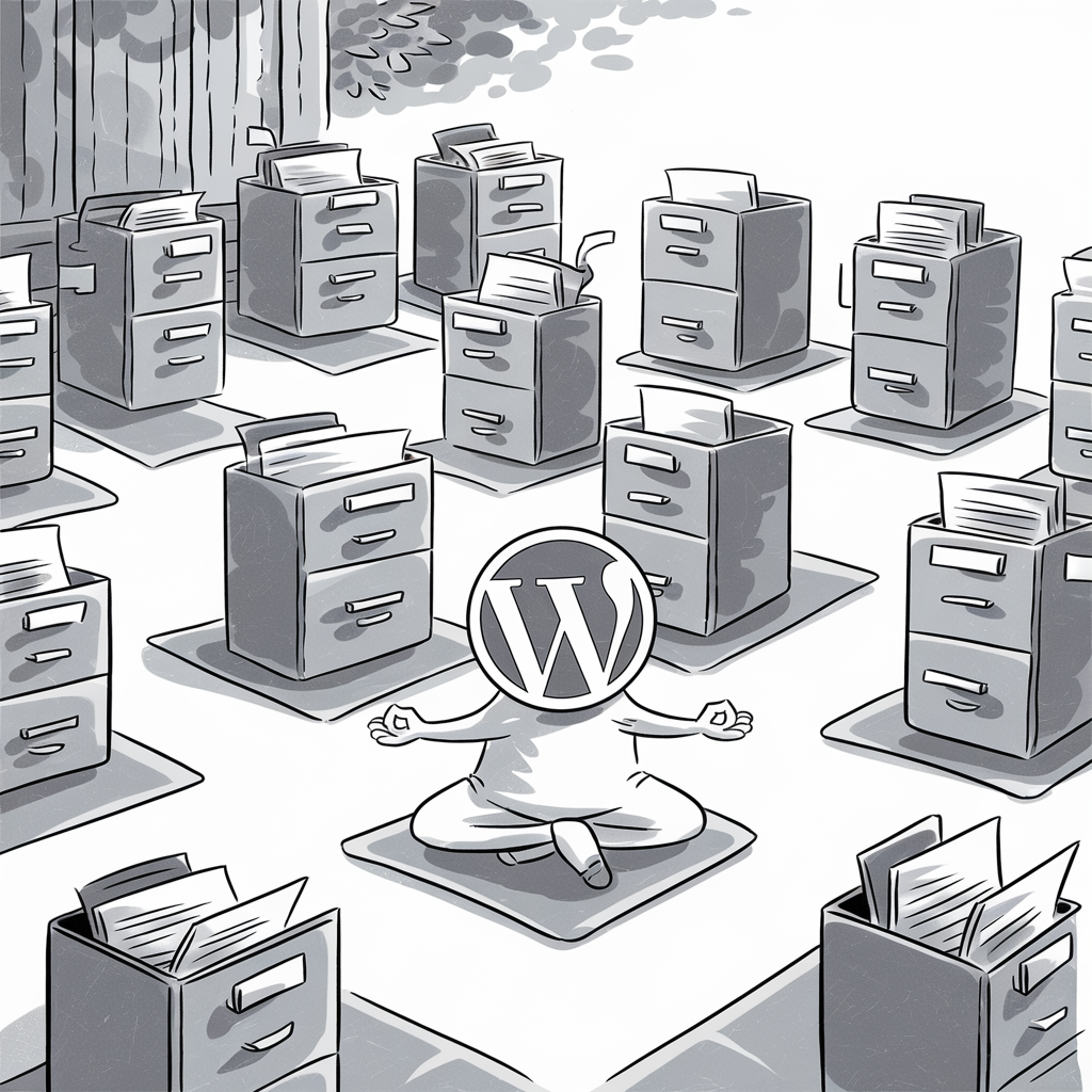A cartoon illustration shows a calm person sitting cross-legged in a meditative pose on a mat, with a WordPress logo for a head. Surrounding the person are numerous filing cabinets, each filled with papers, also resting on mats. The scene appears to depict the organization and management of data or content, with a focus on tranquility and order. The overall style is monochrome with black and white shading.