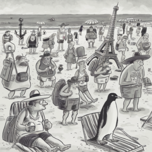 A cartoon illustration of a crowded beach scene with various people dressed in summer clothing, holding beverages, and carrying backpacks. Some unusual elements are present, such as the Eiffel Tower and a large anchor in the sand, and a penguin standing on a beach chair among the sunbathers. Umbrellas and beach chairs are scattered throughout the scene, and the ocean can be seen in the background. The overall scene is whimsical and humorous.