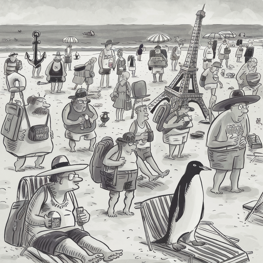 A cartoon illustration of a crowded beach scene with various people dressed in summer clothing, holding beverages, and carrying backpacks. Some unusual elements are present, such as the Eiffel Tower and a large anchor in the sand, and a penguin standing on a beach chair among the sunbathers. Umbrellas and beach chairs are scattered throughout the scene, and the ocean can be seen in the background. The overall scene is whimsical and humorous.
