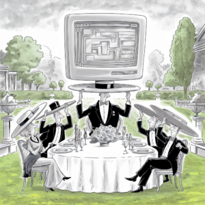 A whimsical illustration depicting a formal garden setting with four elegantly dressed people seated around a table, each wearing oversized hats. The hats are humorously shaped like various outdated electronic items. The person in the center is balancing a large vintage computer monitor on their head, while the other three are adjusting their similarly styled hats. The background showcases a well-manicured garden with a cloudy sky, emphasizing the light-hearted and surreal nature of the scene.