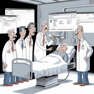 A cartoon illustration depicts an older man lying in a hospital bed, hooked up to various medical devices. Four doctors stand around the bed, examining the patient with concerned expressions. One doctor is listening to the patient's heart with a stethoscope. The room is filled with computer screens displaying medical information and data. The overall scene suggests a medical consultation or examination of a patient in a hospital setting.