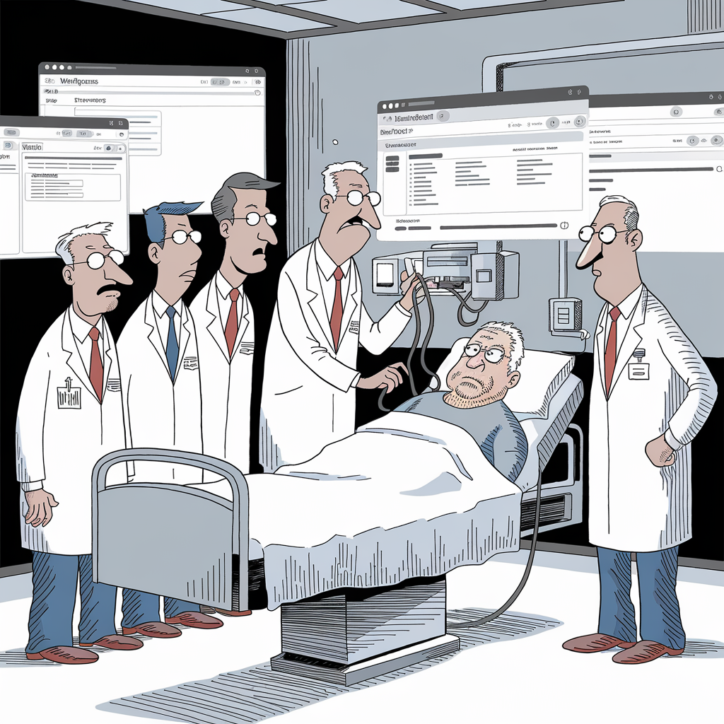 A cartoon illustration depicts an older man lying in a hospital bed, hooked up to various medical devices. Four doctors stand around the bed, examining the patient with concerned expressions. One doctor is listening to the patient's heart with a stethoscope. The room is filled with computer screens displaying medical information and data. The overall scene suggests a medical consultation or examination of a patient in a hospital setting.
