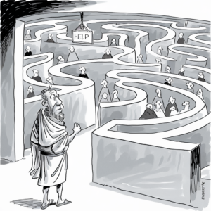 A cartoon depicts a man wearing a robe and standing at the entrance of a large, complex maze filled with many people. The people in the maze appear confused or lost, and one person is holding up a sign that reads "HELP." The maze is composed of tall walls with numerous twists and turns, extending far back into the image. The man's facial expression seems thoughtful or concerned as he gazes into the maze.