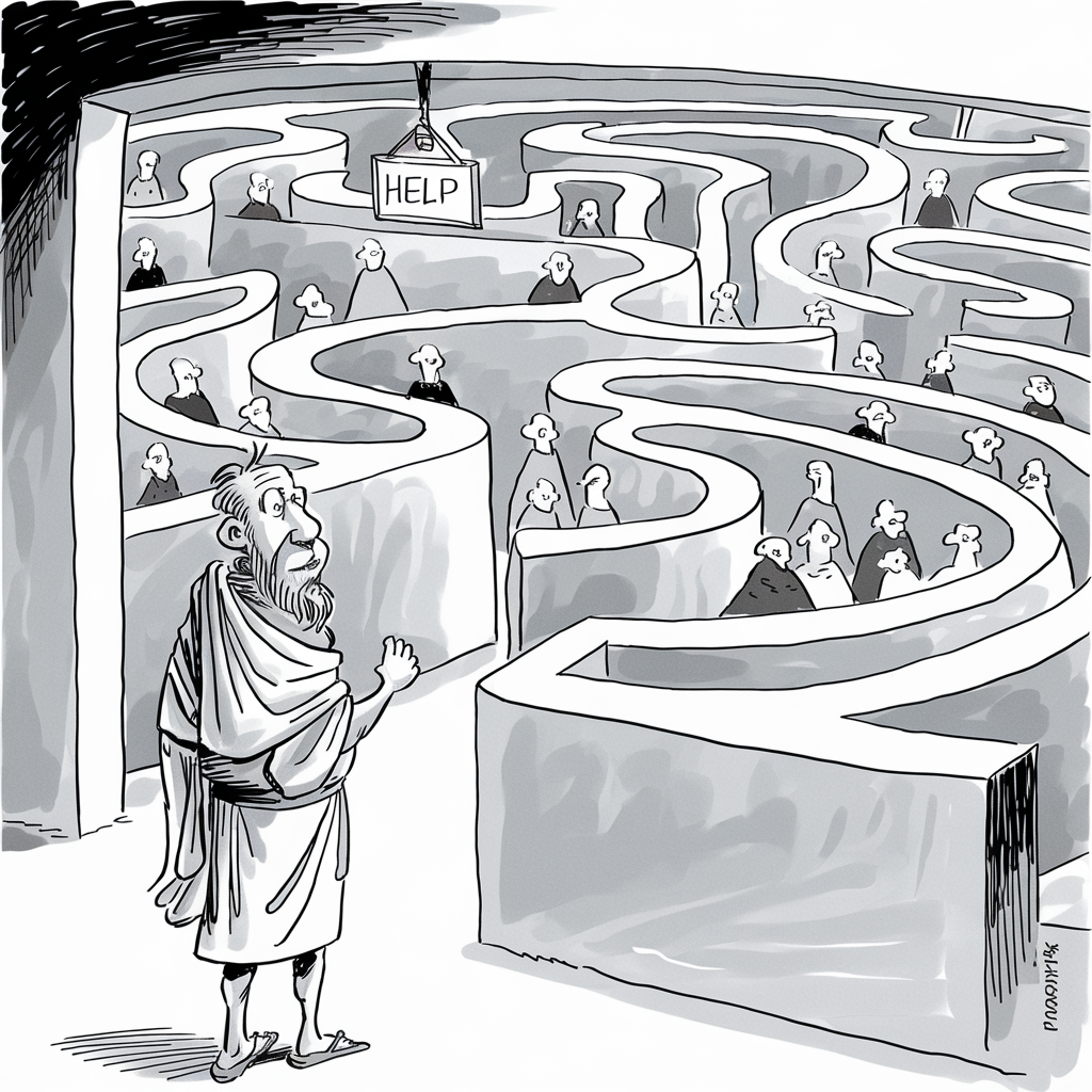A cartoon depicts a man wearing a robe and standing at the entrance of a large, complex maze filled with many people. The people in the maze appear confused or lost, and one person is holding up a sign that reads "HELP." The maze is composed of tall walls with numerous twists and turns, extending far back into the image. The man's facial expression seems thoughtful or concerned as he gazes into the maze.
