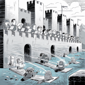 A cartoon image depicts a castle with stone walls and arched windows. A group of people sit on top of the walls and type on laptops. Below, in a moat filled with water, various anthropomorphic creatures, including armored animals, are shown launching from catapults or floating on makeshift rafts with distressed expressions. The scene humorously represents a digitally active group on the castle walls, possibly symbolizing cybersecurity efforts, while the creatures below represent threats being thwarted by the castle's defenses.