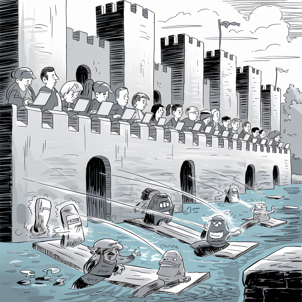 A cartoon image depicts a castle with stone walls and arched windows. A group of people sit on top of the walls and type on laptops. Below, in a moat filled with water, various anthropomorphic creatures, including armored animals, are shown launching from catapults or floating on makeshift rafts with distressed expressions. The scene humorously represents a digitally active group on the castle walls, possibly symbolizing cybersecurity efforts, while the creatures below represent threats being thwarted by the castle's defenses.