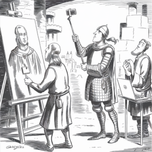 A black-and-white drawing depicts a painter working on a portrait of a person in medieval attire. To the painter's right, a knight stands holding a selfie stick with a smartphone attached, pointing it towards the painter and the painting. On the right side, another person in medieval clothing is using a modern-looking laptop. The scene combines elements of medieval times with contemporary technology, creating a humorous juxtaposition.