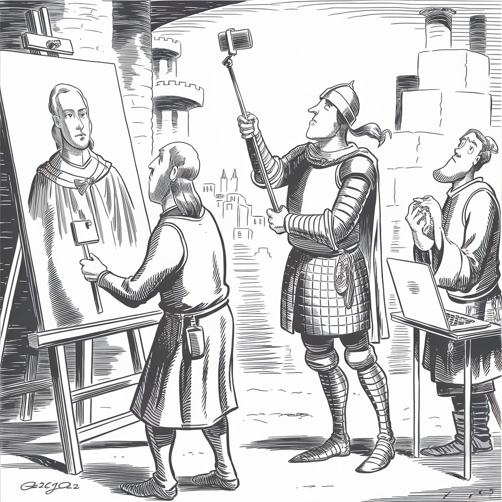 A black-and-white drawing depicts a painter working on a portrait of a person in medieval attire. To the painter's right, a knight stands holding a selfie stick with a smartphone attached, pointing it towards the painter and the painting. On the right side, another person in medieval clothing is using a modern-looking laptop. The scene combines elements of medieval times with contemporary technology, creating a humorous juxtaposition.