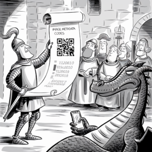 A medieval knight stands in front of a group of people, holding an oversized scroll labeled "Image Metadata Codes" with a QR code and various strings of numbers listed on it. The people, dressed in traditional medieval clothes, look on with interest. A dragon lying nearby is casually using a modern smartphone. The scene is rendered in a comic, black-and-white style.