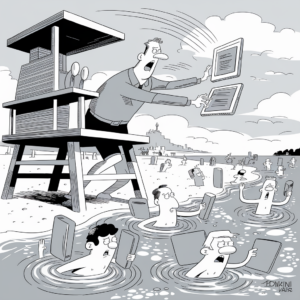 A black and white cartoon illustration depicts a lifeguard on a tall chair, frantically holding two large tablets and shouting towards the beach. The beach is filled with people standing in water, all holding tablets and looking concerned. Some tablets are sinking into the water. The scene is a humorous take on modern technology dependency, with the lifeguard seemingly trying to direct a rescue operation for people's tablets rather than people themselves. The beach is crowded, and various onlookers are seen in the background.