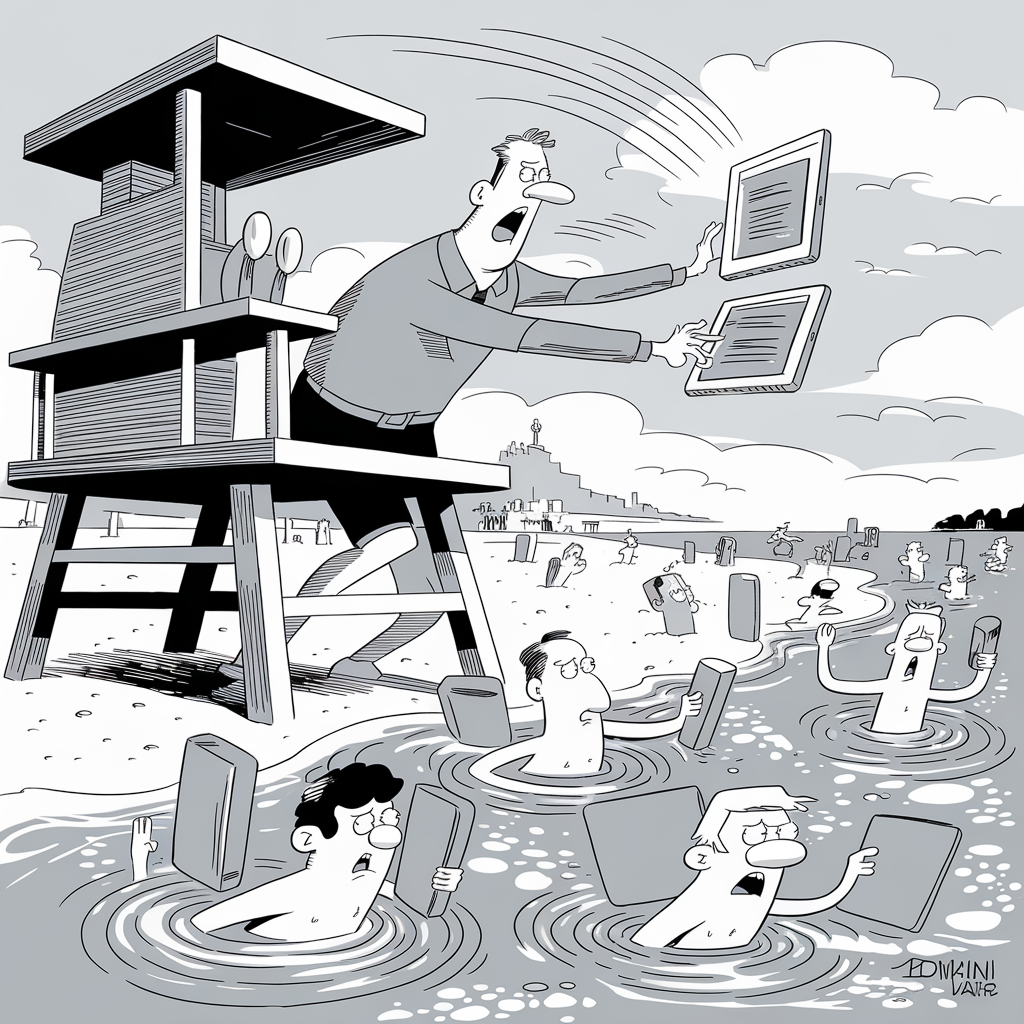 A black and white cartoon illustration depicts a lifeguard on a tall chair, frantically holding two large tablets and shouting towards the beach. The beach is filled with people standing in water, all holding tablets and looking concerned. Some tablets are sinking into the water. The scene is a humorous take on modern technology dependency, with the lifeguard seemingly trying to direct a rescue operation for people's tablets rather than people themselves. The beach is crowded, and various onlookers are seen in the background.