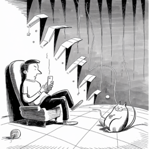 A black and white cartoon illustration shows a person sitting in a comfortable chair, looking startled at a mobile phone screen. Around them, several floating, arrow-shaped objects are descending from the ceiling, seemingly aimed at them. On the floor to their right, a content-looking cat sits with a string in its mouth, and a ball of yarn is nearby, suggesting the cat has been playing with the string that may be causing the arrows to descend. The scene includes a background with dangling cords and a calm, tiled floor.
