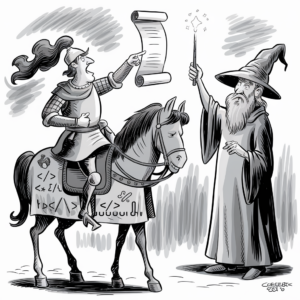 A black-and-white illustration depicts a medieval knight on horseback and a wizard. The knight, dressed in armor with a long flowing plume on the helmet, holds up a scroll in one hand and points to it with a determined expression. The horse is adorned with a blanket covered in cryptic symbols resembling programming code. The wizard, with a long beard and wearing traditional robes and a pointed hat, holds a staff with a glowing tip, seemingly casting a spell. The background features abstract, wavy lines indicating motion or magical energy. The overall style is cartoonish and whimsical.