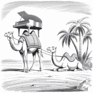 A whimsical black and white illustration features two camels in a desert scene. The first camel is standing and carrying a grand piano on its back. The second camel is sitting on the ground and is connected to the first camel by a rope. In the background, there are a few palm trees and some desert vegetation. The overall style of the illustration is reminiscent of a sketch or a comic drawing.
