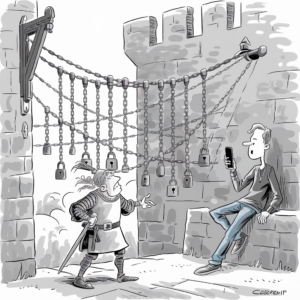 A black-and-white cartoon depicts a medieval knight standing next to a modern young man. The knight is dressed in traditional armor, holding a sword, and looking perplexed. He is gesturing towards a large drawbridge that is secured with multiple chains and padlocks. The young man, casually dressed in contemporary clothing, is leaning against a castle wall, looking at his smartphone. The scene humorously contrasts medieval and modern worlds, highlighting the communication gap between the two.