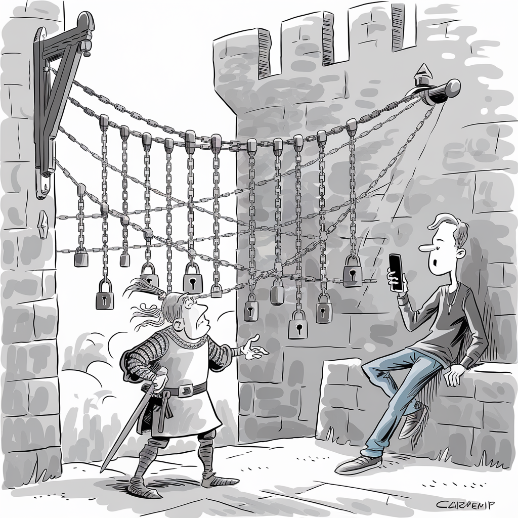 A black-and-white cartoon depicts a medieval knight standing next to a modern young man. The knight is dressed in traditional armor, holding a sword, and looking perplexed. He is gesturing towards a large drawbridge that is secured with multiple chains and padlocks. The young man, casually dressed in contemporary clothing, is leaning against a castle wall, looking at his smartphone. The scene humorously contrasts medieval and modern worlds, highlighting the communication gap between the two.