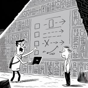 A black-and-white cartoon depicts two men inside an ancient pyramid or temple with walls covered in hieroglyphics. One man, holding a laptop and with an excited expression, points to a diagram on the wall featuring arrows, shapes, and symbols. The other man, standing nearby, looks unimpressed or confused. The scene humorously contrasts modern technology with ancient history.