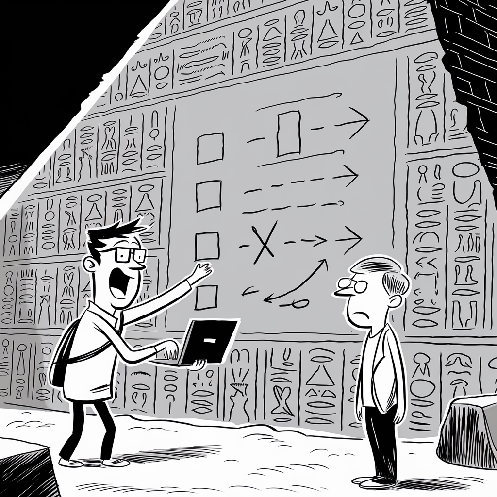 A black-and-white cartoon depicts two men inside an ancient pyramid or temple with walls covered in hieroglyphics. One man, holding a laptop and with an excited expression, points to a diagram on the wall featuring arrows, shapes, and symbols. The other man, standing nearby, looks unimpressed or confused. The scene humorously contrasts modern technology with ancient history.