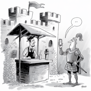 A black-and-white cartoon depicts a medieval scene with a modern twist. On the left, a man in period attire stands behind a small wooden counter with a cup of coffee and an espresso maker, indicating a coffee stand. The counter is set against the backdrop of a castle with stone walls and a flag flying from a turret. On the right, a knight in armor, complete with a sword, holds up a smartphone with a confused expression. A speech bubble above the knight's head contains three dots, suggesting they're perplexed by the modern device.
