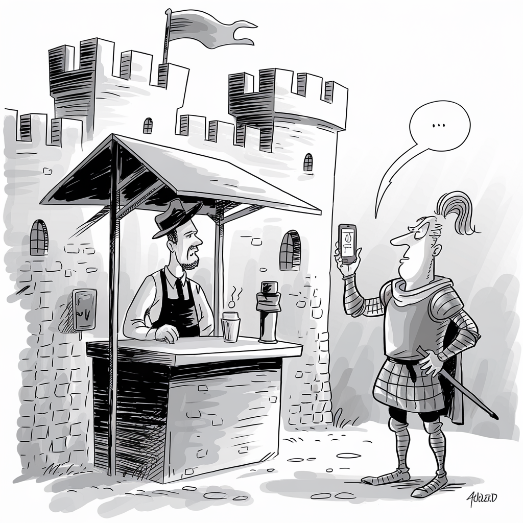 A black-and-white cartoon depicts a medieval scene with a modern twist. On the left, a man in period attire stands behind a small wooden counter with a cup of coffee and an espresso maker, indicating a coffee stand. The counter is set against the backdrop of a castle with stone walls and a flag flying from a turret. On the right, a knight in armor, complete with a sword, holds up a smartphone with a confused expression. A speech bubble above the knight's head contains three dots, suggesting they're perplexed by the modern device.