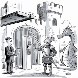 A black-and-white cartoon depicts a knight in armor attempting to use an ATM machine in front of a castle. The knight is holding a lance and inserting a credit card into the machine. A dragon stands nearby, observing the scene. A man in a suit and hat stands on the other side of the ATM, holding a clipboard and looking surprised. The castle has a large door and a tower with battlements.