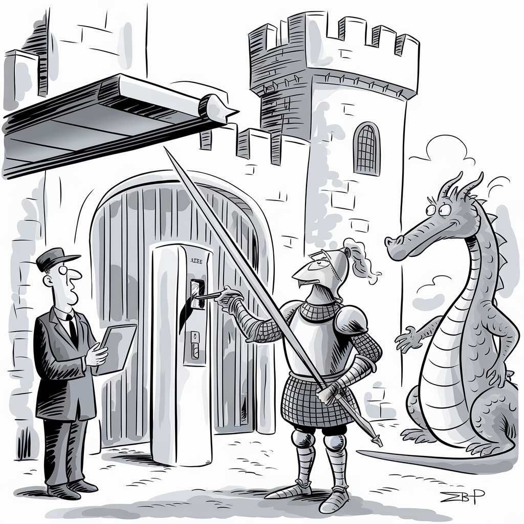 A black-and-white cartoon depicts a knight in armor attempting to use an ATM machine in front of a castle. The knight is holding a lance and inserting a credit card into the machine. A dragon stands nearby, observing the scene. A man in a suit and hat stands on the other side of the ATM, holding a clipboard and looking surprised. The castle has a large door and a tower with battlements.