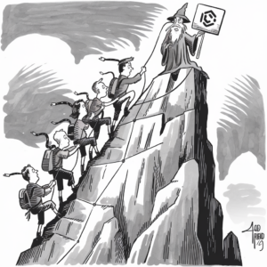 A black-and-white illustration depicting several mountain climbers, each wearing graduation caps and gowns, ascending a steep, rocky mountain. They are being led by an elderly wizard figure standing at the summit, who is holding a sign with a hexagon symbol featuring three interlocking lines. The climbers are connected by a rope, suggesting they are following the wizard's guidance to reach the top. The background shows an abstracted sky with swirling patterns.