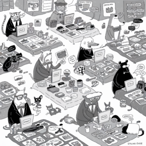 A black and white illustration depicts various animals dressed in business attire, sitting at tables with laptops and a range of items, possibly for sale or trade. Each table has a different setup, with items such as snacks, gadgets, utensils, and packaging. The animals include cats, a bear, a fox, a wolf, and other creatures, all engaged in what appears to be a marketplace or business environment. Some animals are typing on laptops labeled “FACE,” “FAKE,” or “PHACE,” while others are showing items to potential customers or discussing something among themselves. The detailed and whimsical art style adds an element of humor to the scene.