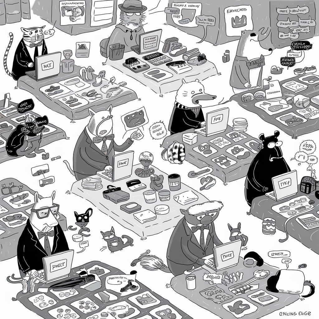A black and white illustration depicts various animals dressed in business attire, sitting at tables with laptops and a range of items, possibly for sale or trade. Each table has a different setup, with items such as snacks, gadgets, utensils, and packaging. The animals include cats, a bear, a fox, a wolf, and other creatures, all engaged in what appears to be a marketplace or business environment. Some animals are typing on laptops labeled “FACE,” “FAKE,” or “PHACE,” while others are showing items to potential customers or discussing something among themselves. The detailed and whimsical art style adds an element of humor to the scene.