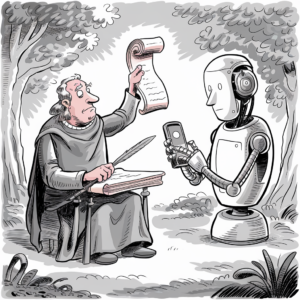 A monochrome illustration depicting a medieval scribe and a futuristic robot. The scribe, dressed in traditional attire, is seated on a stool with a quill in one hand and a long parchment in the other. He is holding up the parchment, showing his writing to the robot. The robot, standing opposite him, is holding a modern smartphone, seemingly comparing or reading from it. They are in a wooded area with trees and bushes around them, blending elements of the past and future.