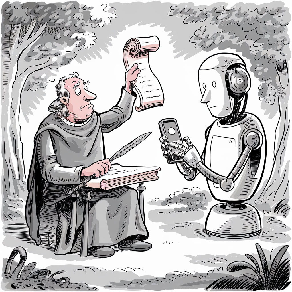 A monochrome illustration depicting a medieval scribe and a futuristic robot. The scribe, dressed in traditional attire, is seated on a stool with a quill in one hand and a long parchment in the other. He is holding up the parchment, showing his writing to the robot. The robot, standing opposite him, is holding a modern smartphone, seemingly comparing or reading from it. They are in a wooded area with trees and bushes around them, blending elements of the past and future.