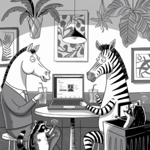 A horse and a zebra are sitting at a table in a café, each holding a drink with straws. The horse is wearing a suit and tie, and the zebra has a laptop open in front of him. The laptop screen displays an online profile of a raccoon. A raccoon stands beside the table holding a phone, and another raccoon is in a trash bin with its arms resting on the edge. The café is decorated with potted plants and framed abstract art on the walls. The scene is illustrated in a black and white cartoon style.