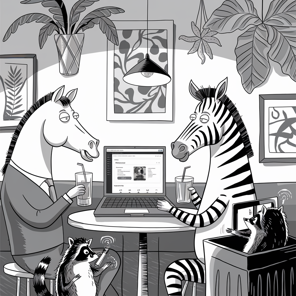 A horse and a zebra are sitting at a table in a café, each holding a drink with straws. The horse is wearing a suit and tie, and the zebra has a laptop open in front of him. The laptop screen displays an online profile of a raccoon. A raccoon stands beside the table holding a phone, and another raccoon is in a trash bin with its arms resting on the edge. The café is decorated with potted plants and framed abstract art on the walls. The scene is illustrated in a black and white cartoon style.